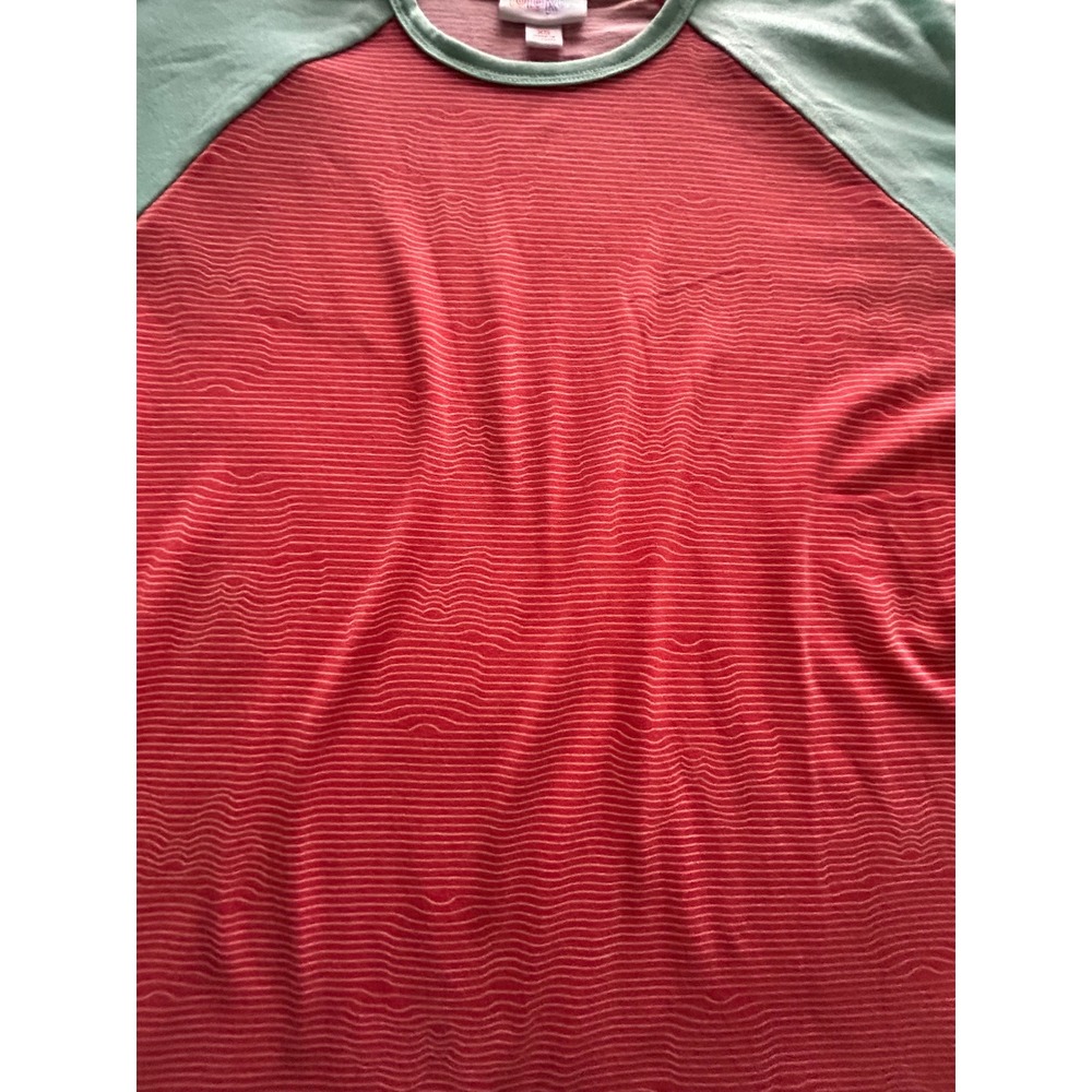 LuLaRoe Disney Randy Baseball Tee Coral Pink Mint Green Wavy Stripe XS New - Picture 5 of 9